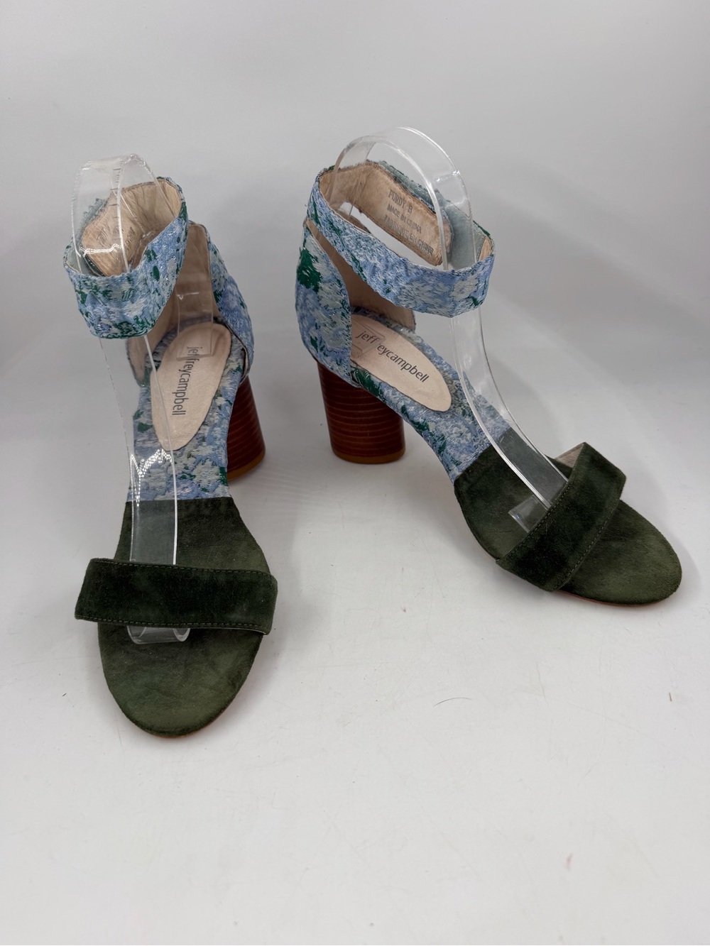 Jeffrey Campbell Purdy Blue Fabric Floral -SZ 8- Green Suede Block Heels Sandals - Picture 6 of 14
